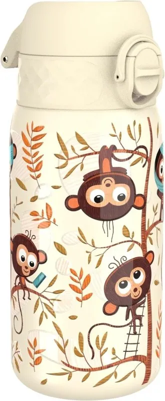 Ion8 Kids Water Bottle, Steel 400 ml/13 oz, Leak Proof, Easy to Open, Secure Lock, Dishwasher Safe, Flip Cover, Carry Handle, Easy Clean, Durable, Metal Water Bottle, Raised Print, Monkeys Design