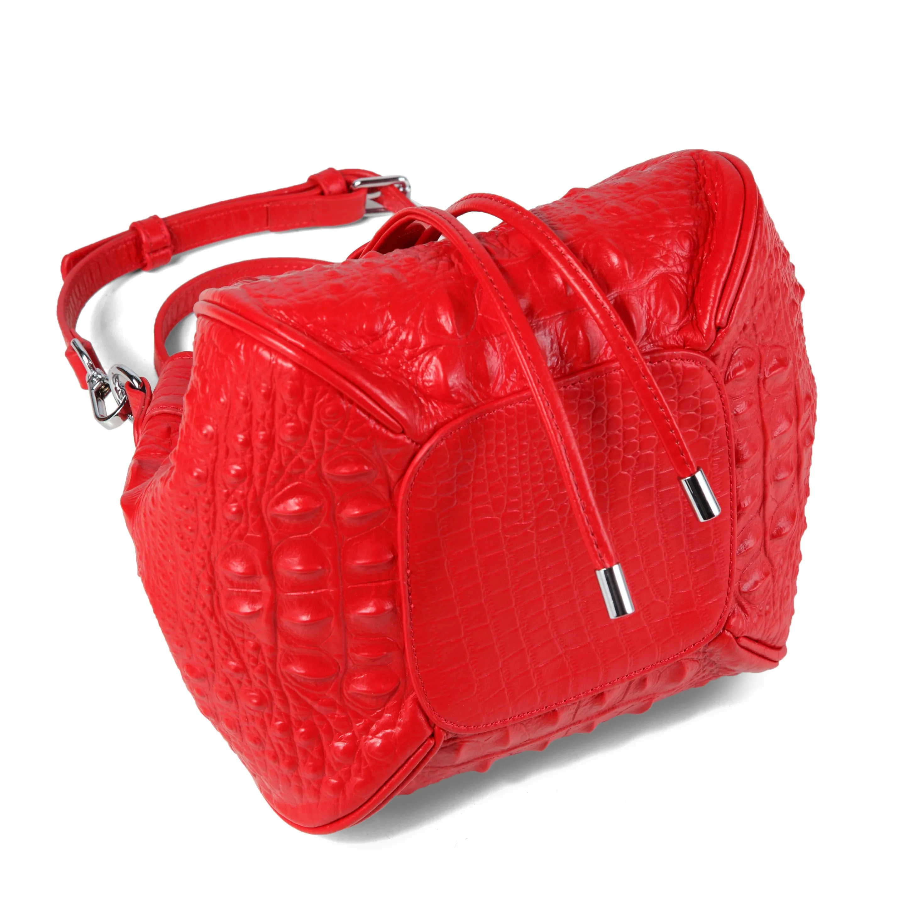 Jolyn Embossed Leather Bucket Crossbody- RED