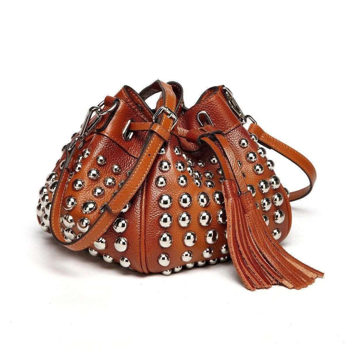 Jolyn Studded Leather Bucket Crossbody- Brown