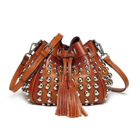 Jolyn Studded Leather Bucket Crossbody- Brown