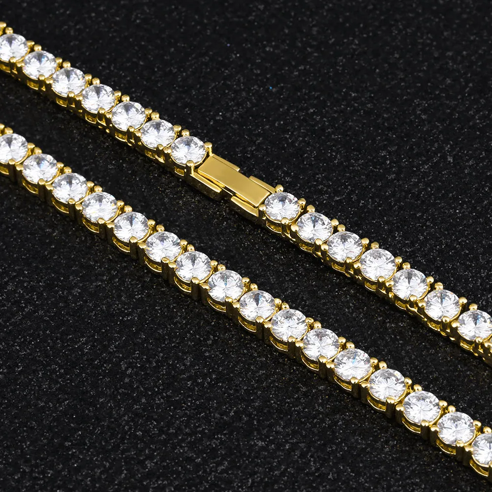 KRKC 3mm CZ Diamond Mens Tennis Chain and Bracelet Set in 14K Gold