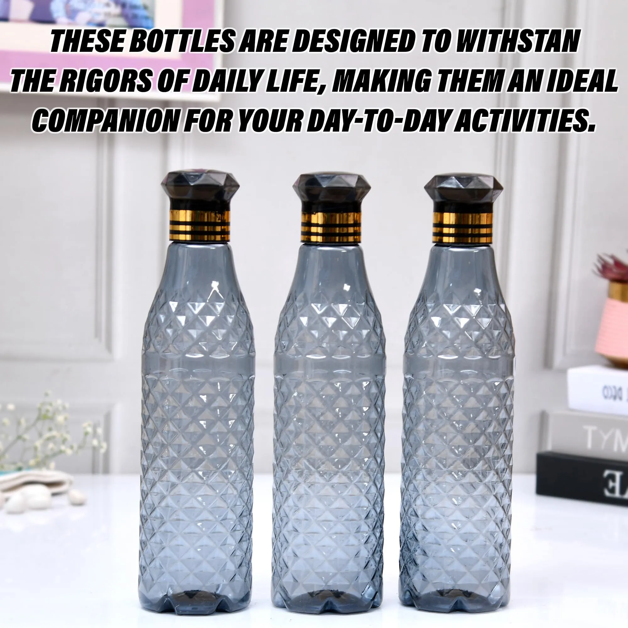 Kuber Industries Water Bottle | Plastic Water Bottle for Fridge | Water Bottle for Kitchen | Ideal for Restaurant | Water Bottle for Refrigerator | Crystal Bingo Bottle | 1 LTR | Pack of 3 | Black