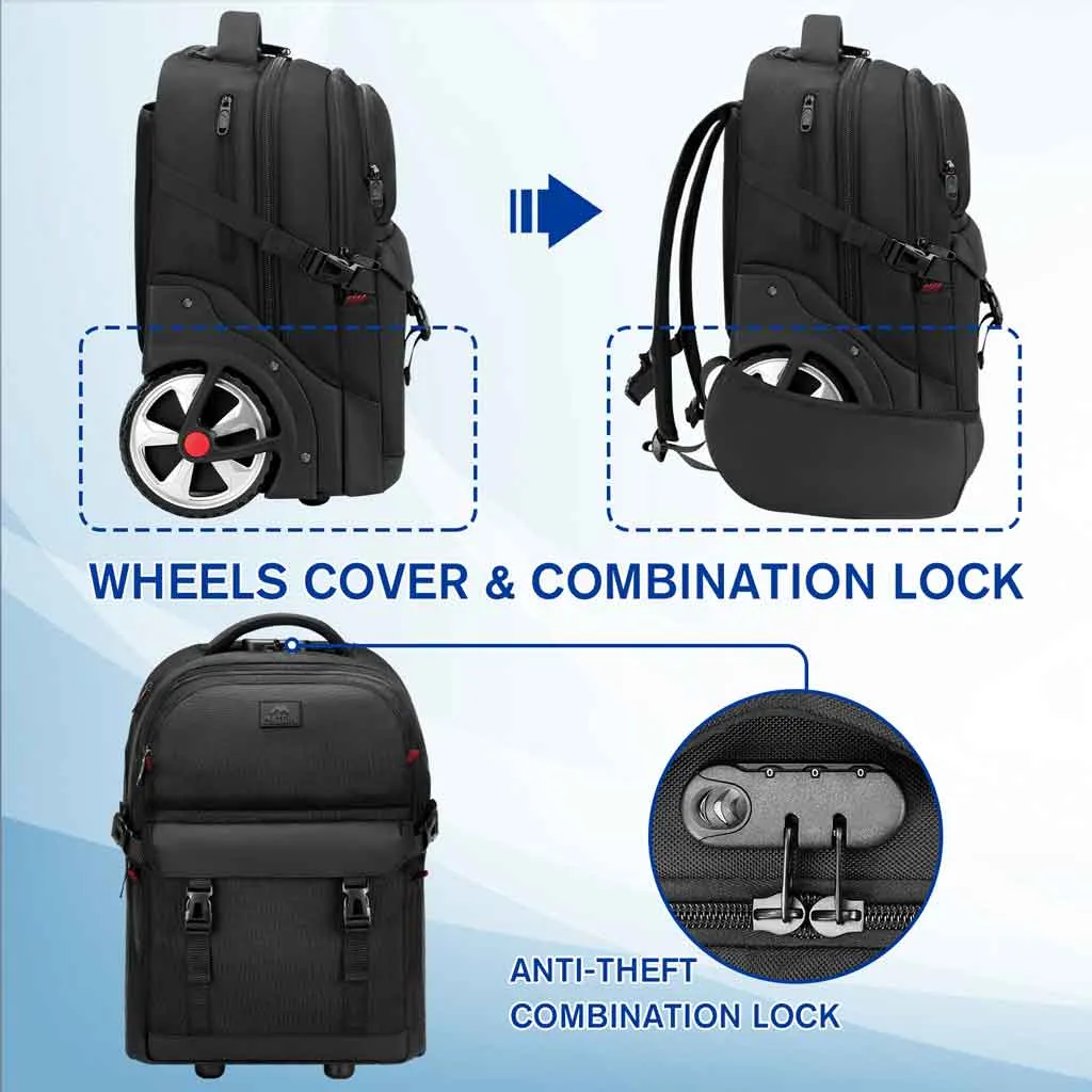 MATEIN Black Rolling Backpack with Combination Lock