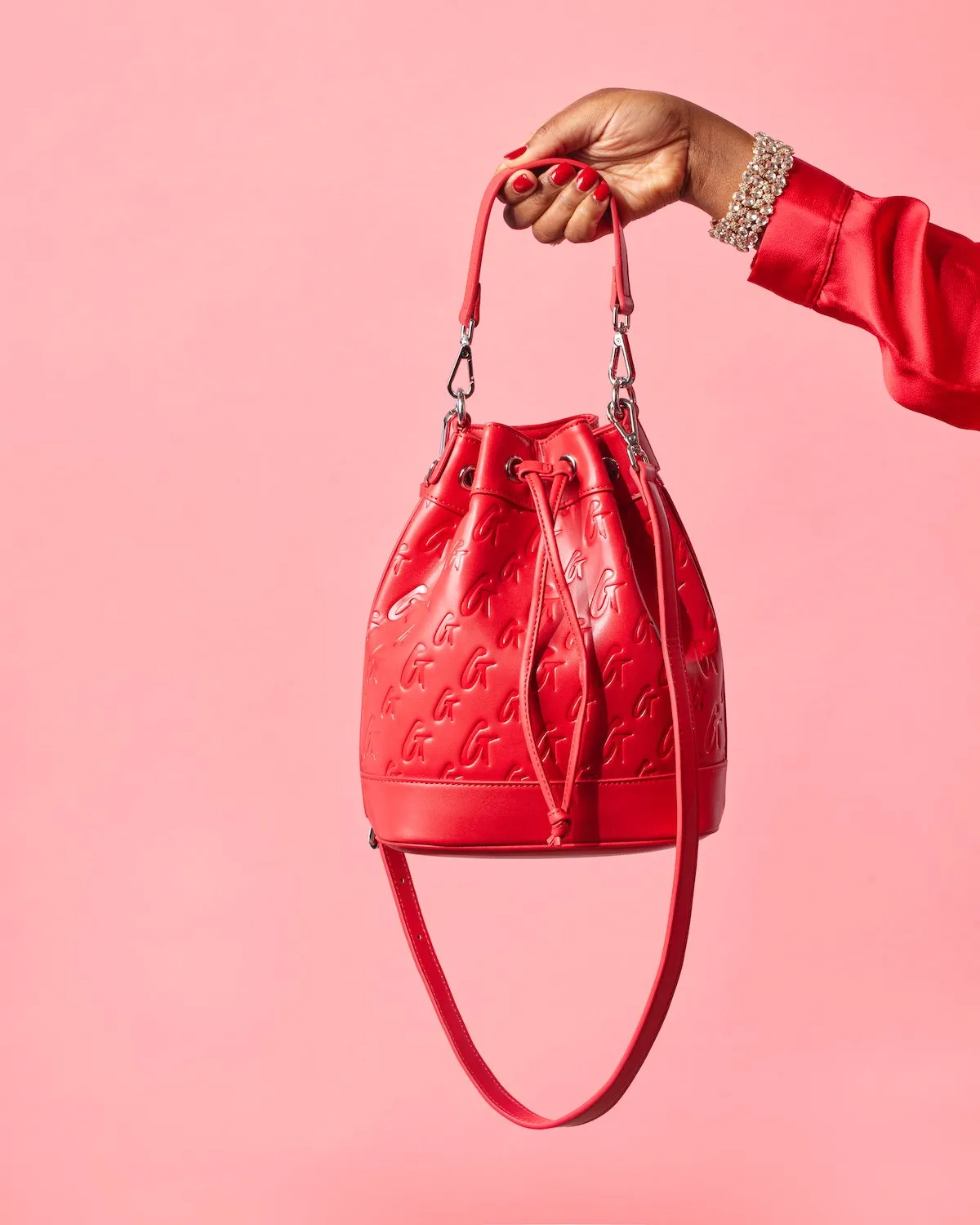 MEDIUM MONOGRAM BUCKET BAG - RED