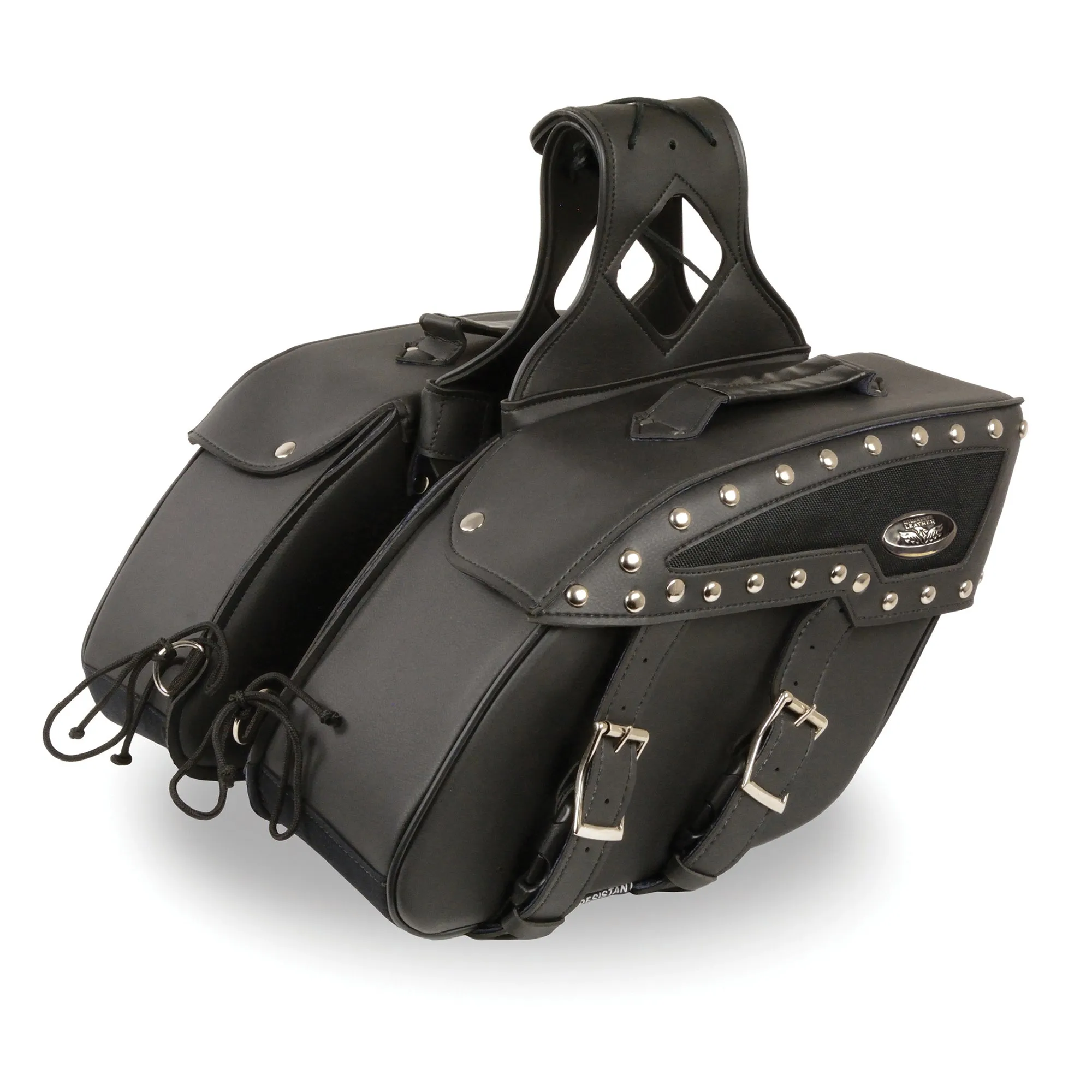 Medium Zip-Off Studded PVC Slanted Throw Over Saddle Bag (13X10X5.5X20)