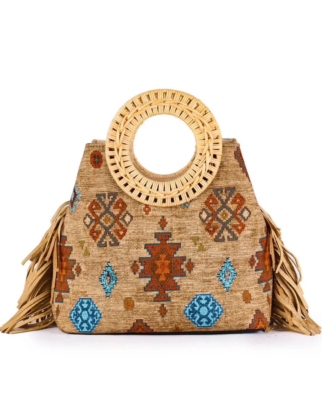 Mercy Print Brown Wicker Handle Bucket Bag