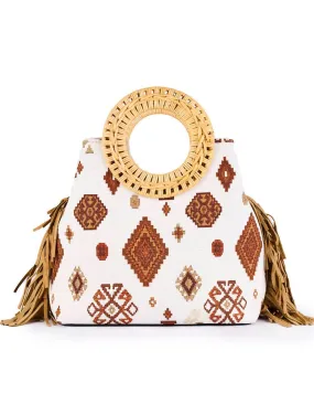 Mercy Print Brown Wicker Handle Bucket Bag