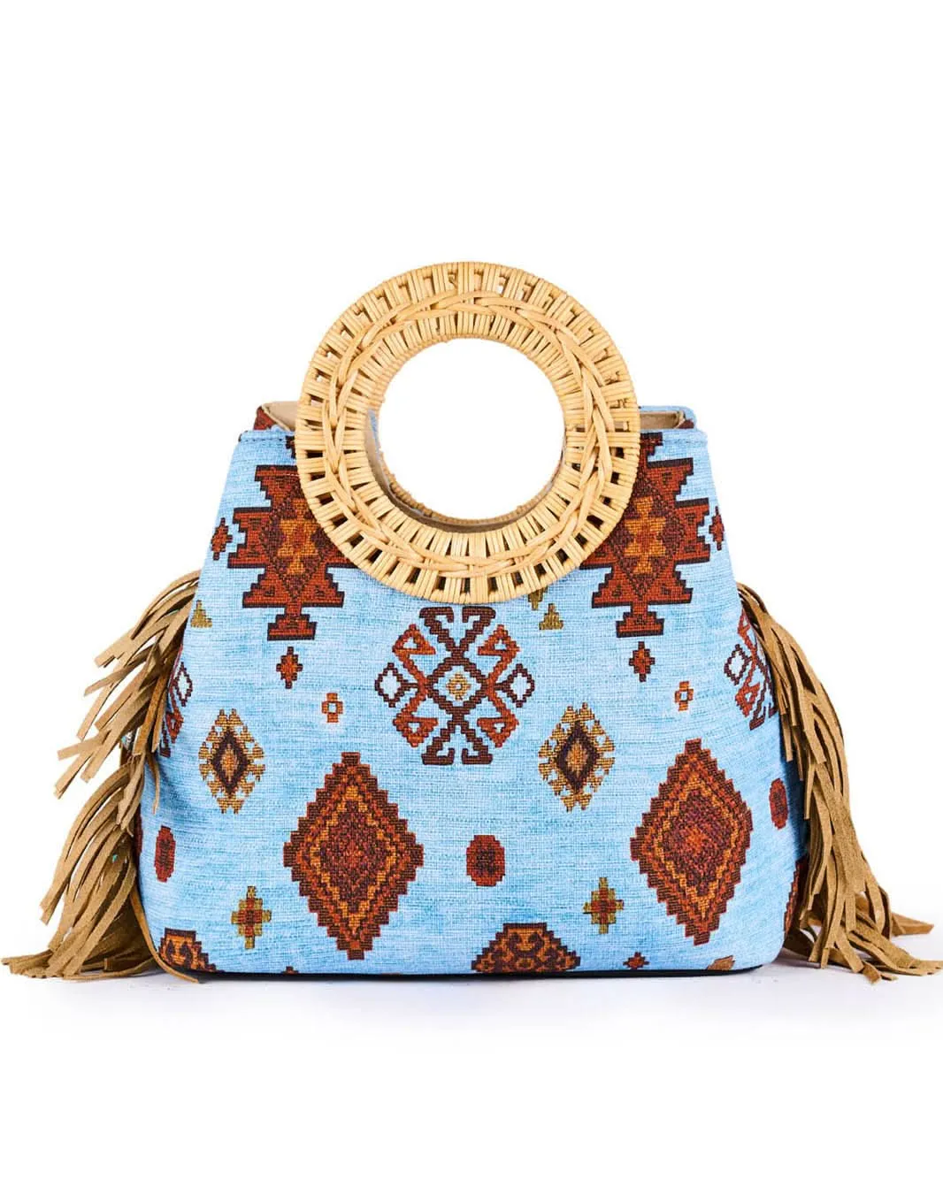 Mercy Print Brown Wicker Handle Bucket Bag