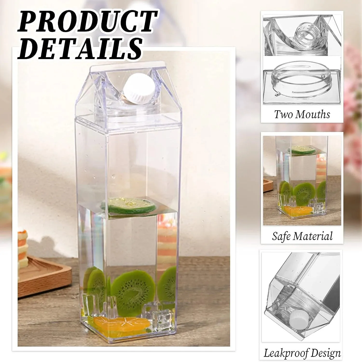 Milk Carton Water Bottle Plastic Square Transparent Drink Storage