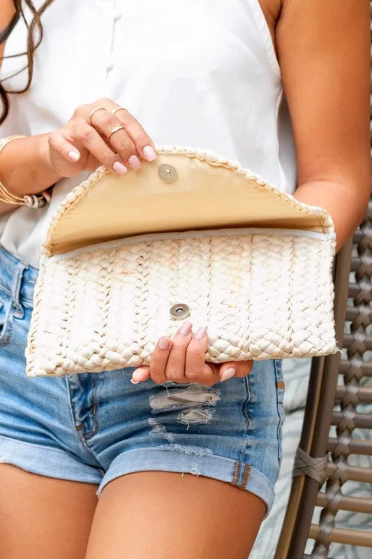 Natural Fold Over Straw Clutch