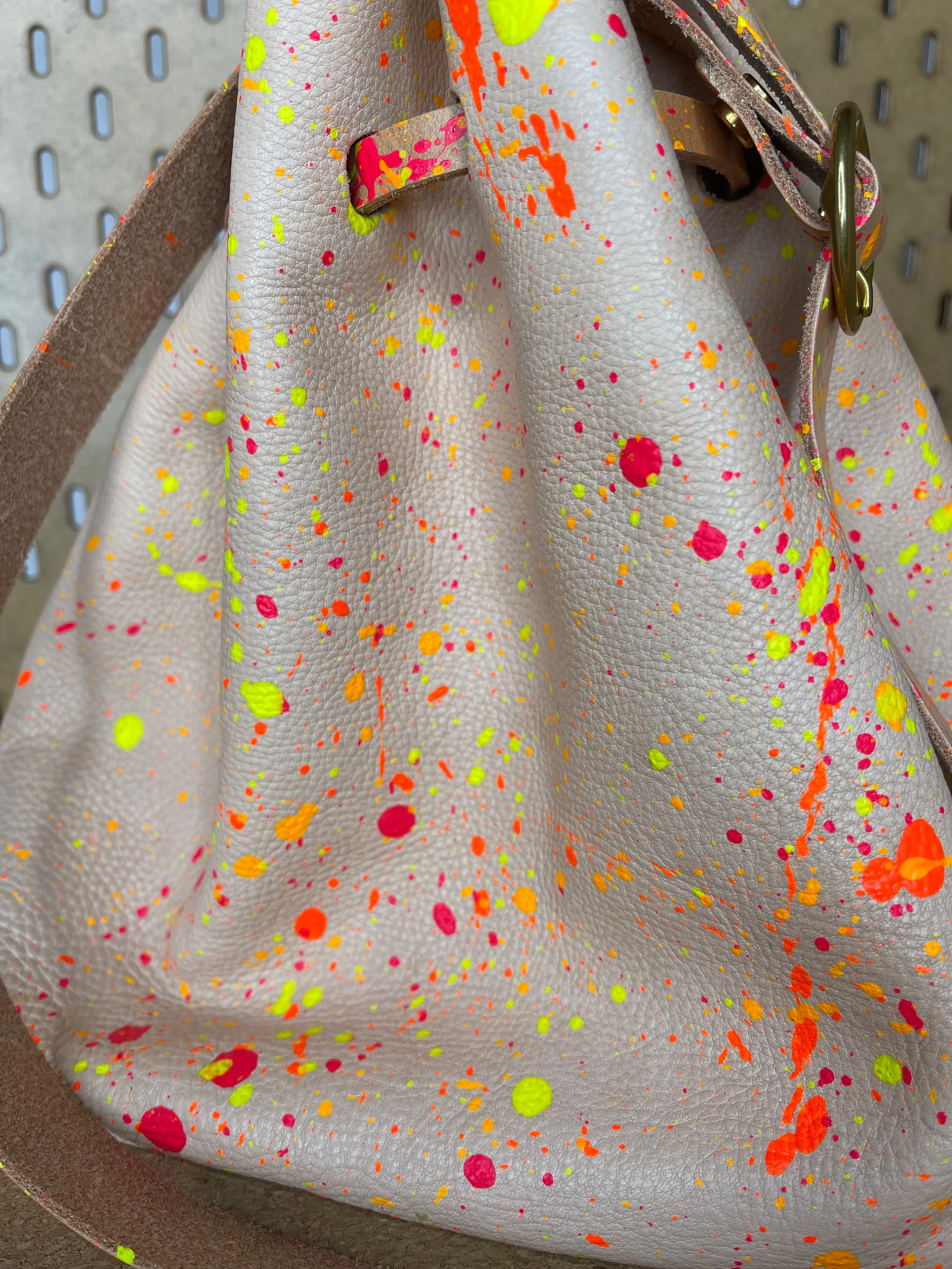 Neon Splatter Veg Tan Leather Drawstring Crossbody Bucket Bag