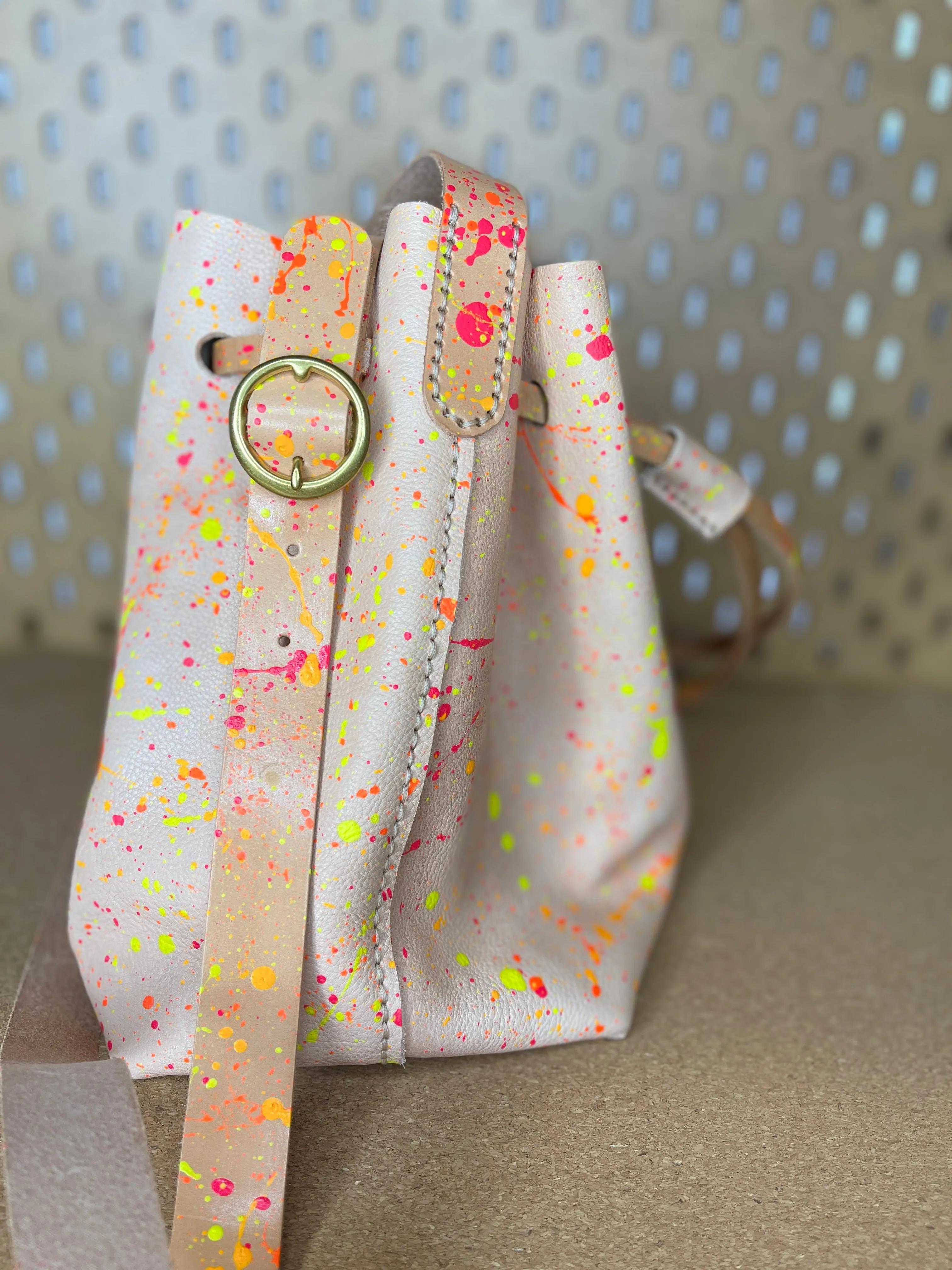 Neon Splatter Veg Tan Leather Drawstring Crossbody Bucket Bag