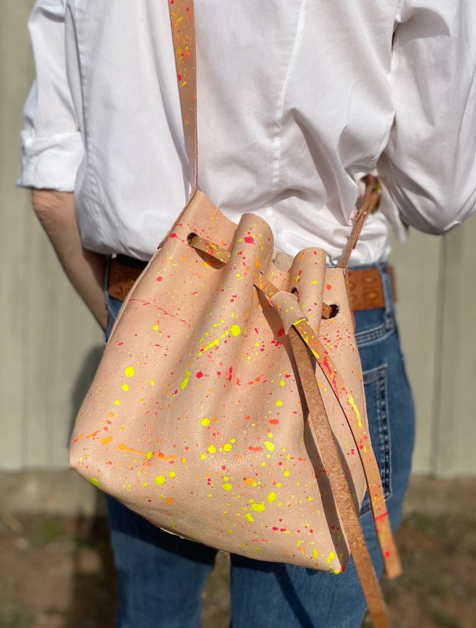 Neon Splatter Veg Tan Leather Drawstring Crossbody Bucket Bag