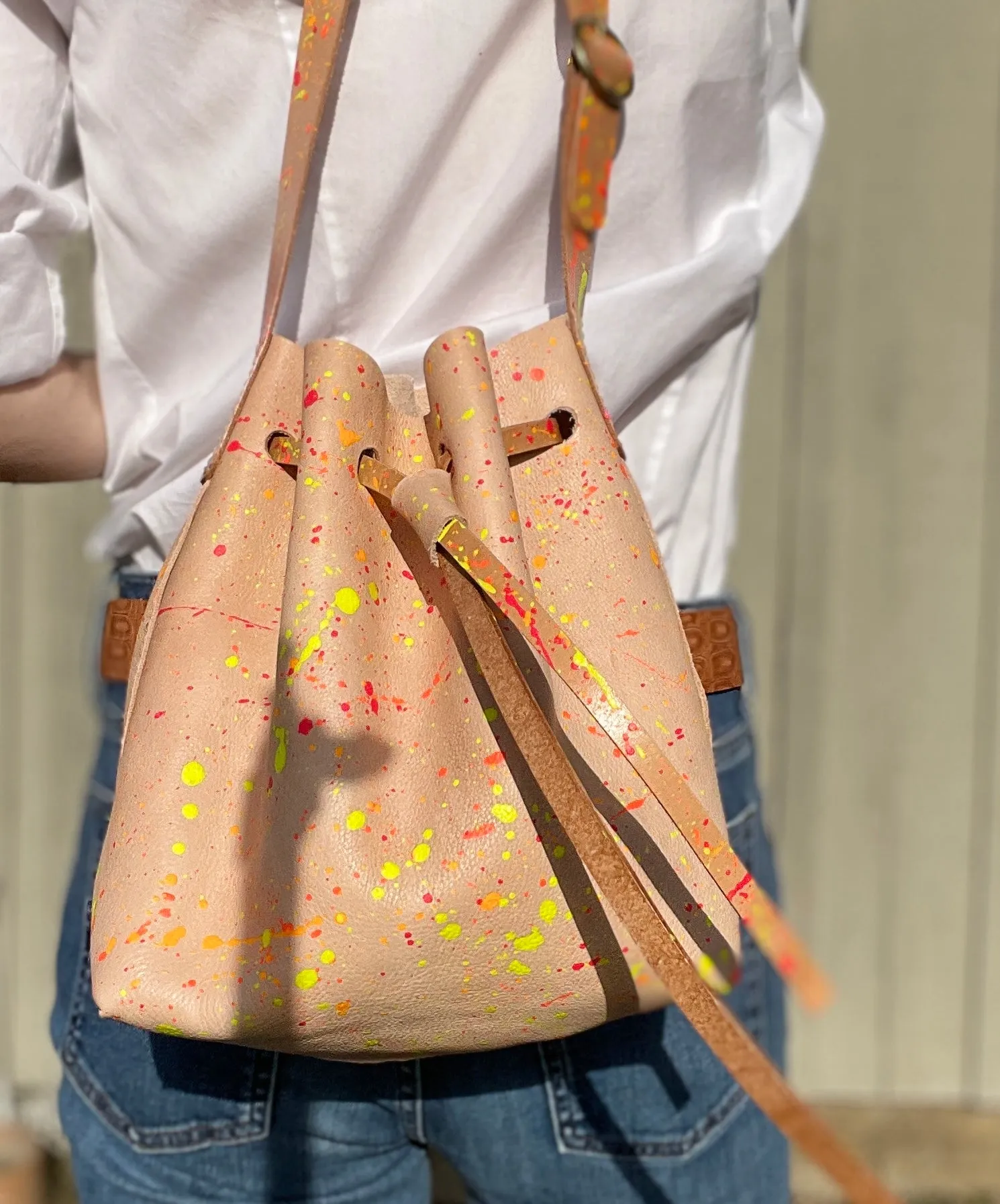 Neon Splatter Veg Tan Leather Drawstring Crossbody Bucket Bag