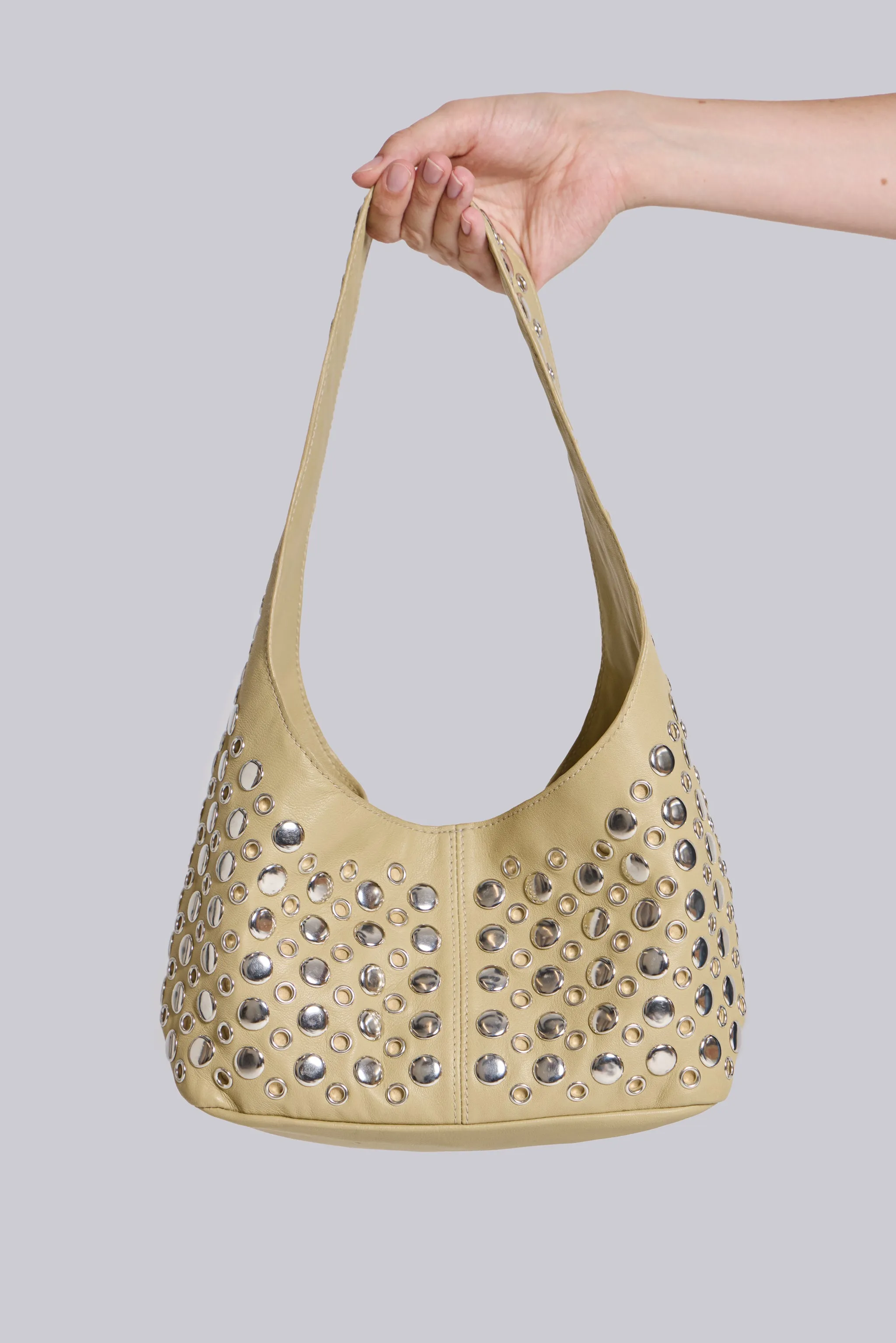 Osmium Studded Leather Bag in Beige