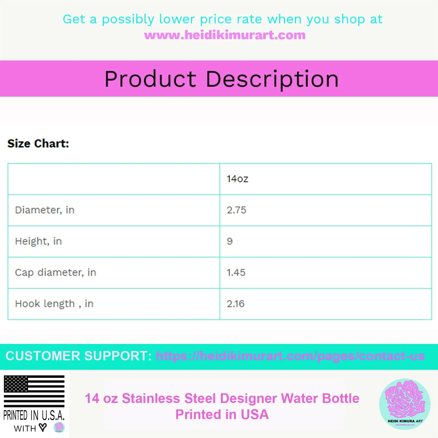 Pink Abstract Rose Water Bottle, Floral Print Stainless Steel 14 oz Full Size Bottle - Printed in USA