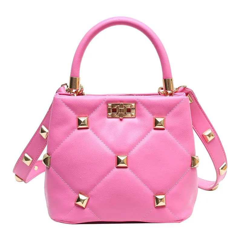 Pink Quilted Large Capacity Single Shoulder Studded Bucket Handbag