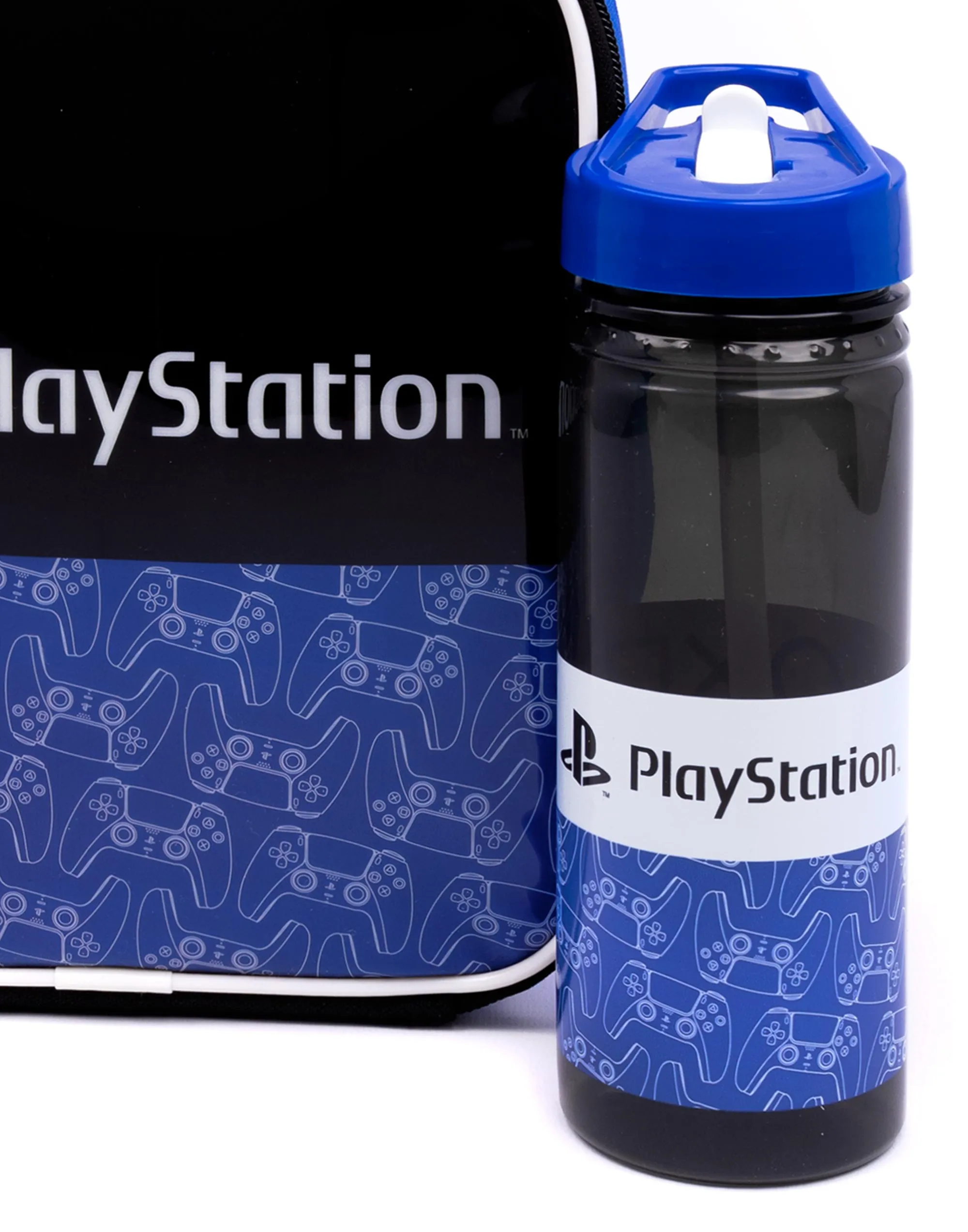 PlayStation Logo All-Over Print Boys Black Lunch Bag Bottle and 3 Snack Pot