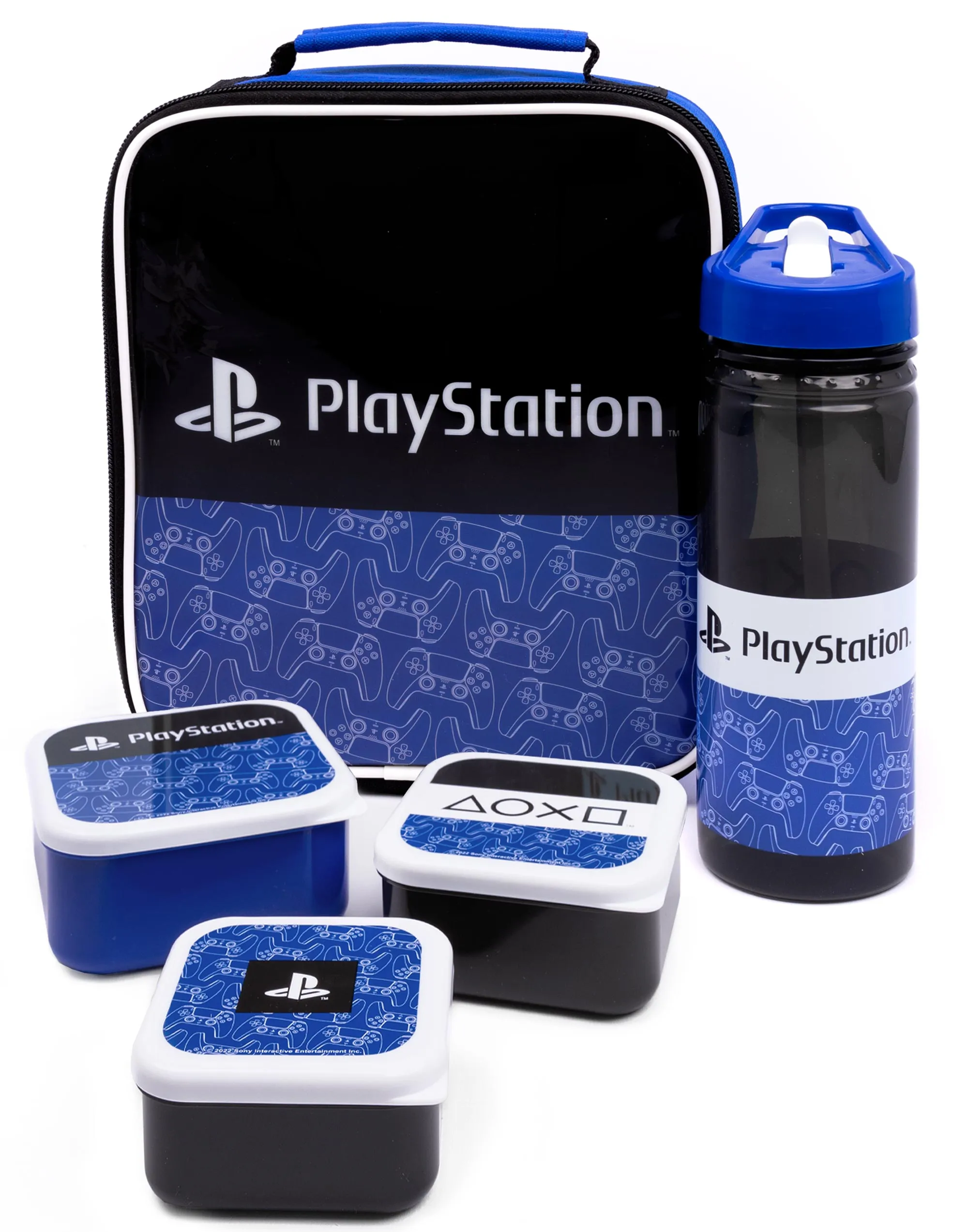 PlayStation Logo All-Over Print Boys Black Lunch Bag Bottle and 3 Snack Pot