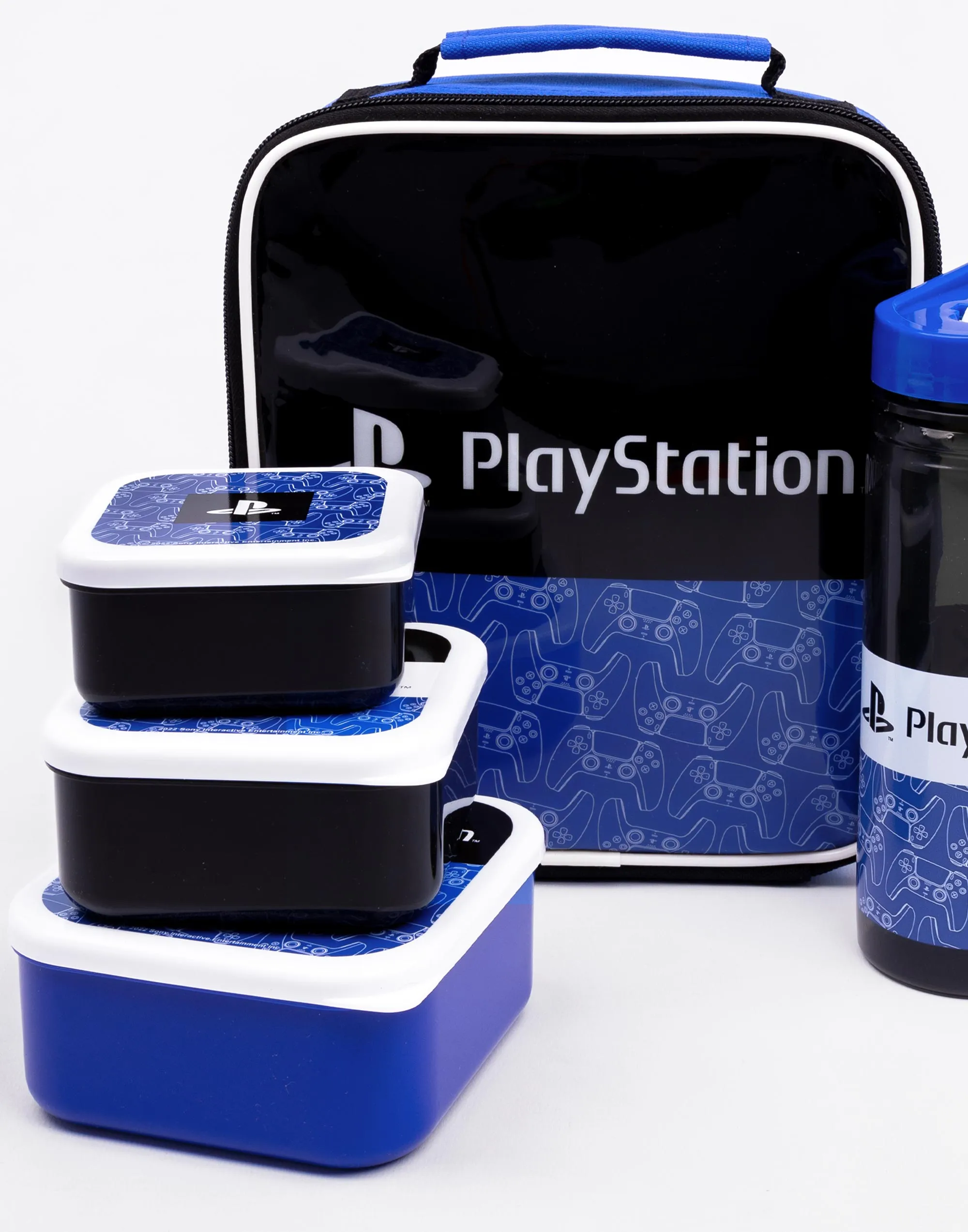 PlayStation Logo All-Over Print Boys Black Lunch Bag Bottle and 3 Snack Pot