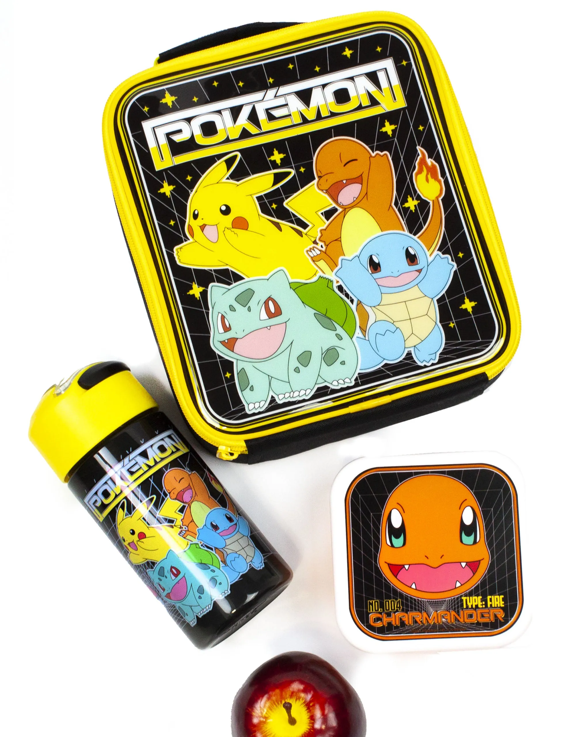 Pokemon Pikachu & Squirtle Boys Black Lunch Bag Bottle and 3 Snack Pot