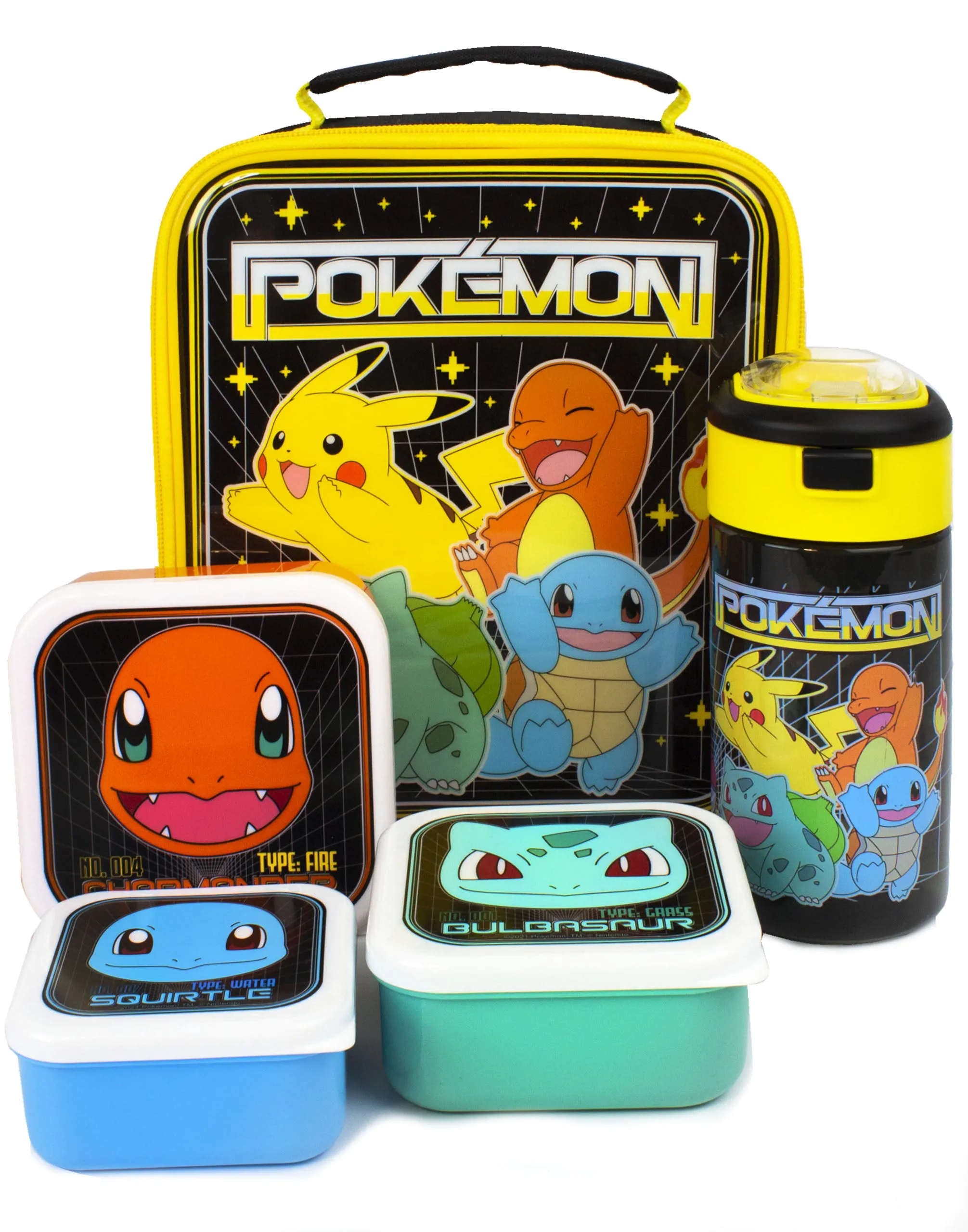 Pokemon Pikachu & Squirtle Boys Black Lunch Bag Bottle and 3 Snack Pot