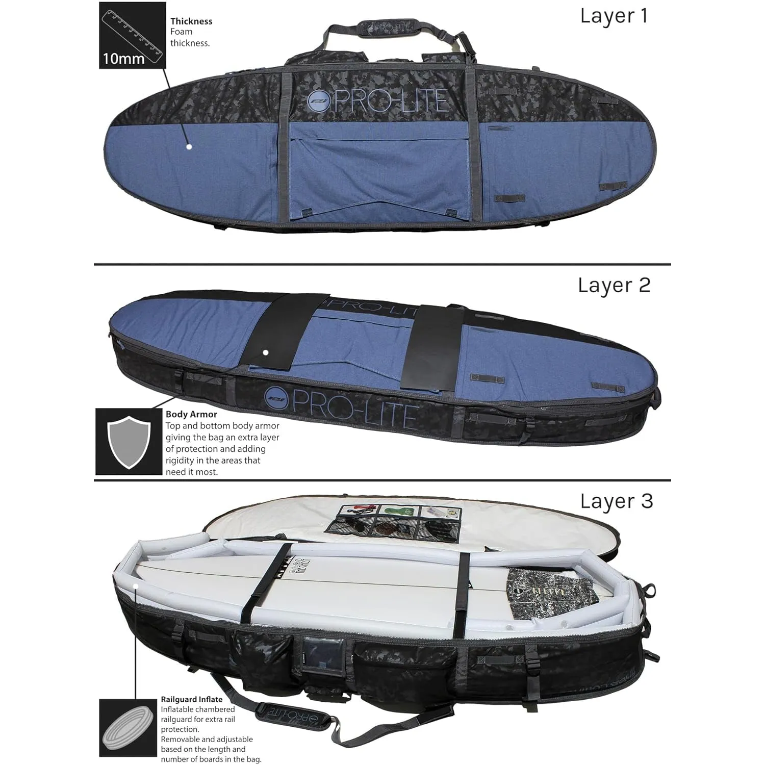 Pro-Lite Board Bag - Armored Finless Coffin 6'6 to 7'0 (2-3 boards)