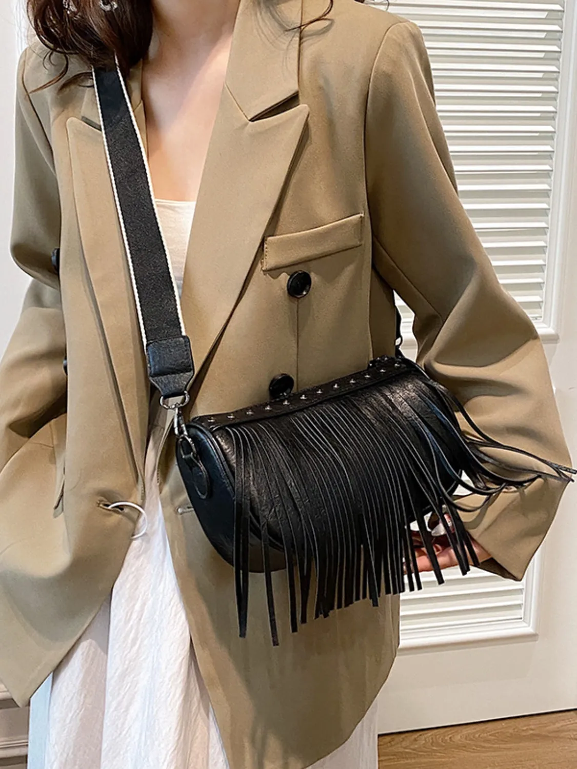 PU Leather Fringe Studded Crossbody Bag