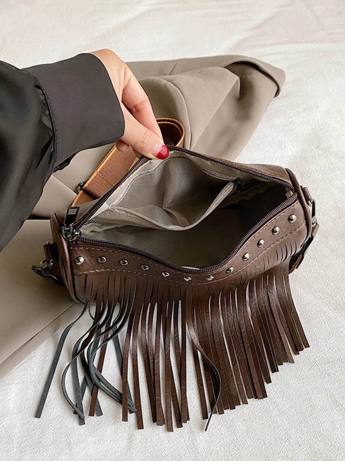 PU Leather Fringe Studded Crossbody Bag