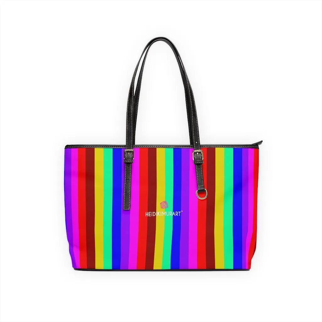 Rainbow Striped Print Tote Bag, Vertically Striped PU Leather Shoulder Work Bag 17"x11"/ 16"x10"