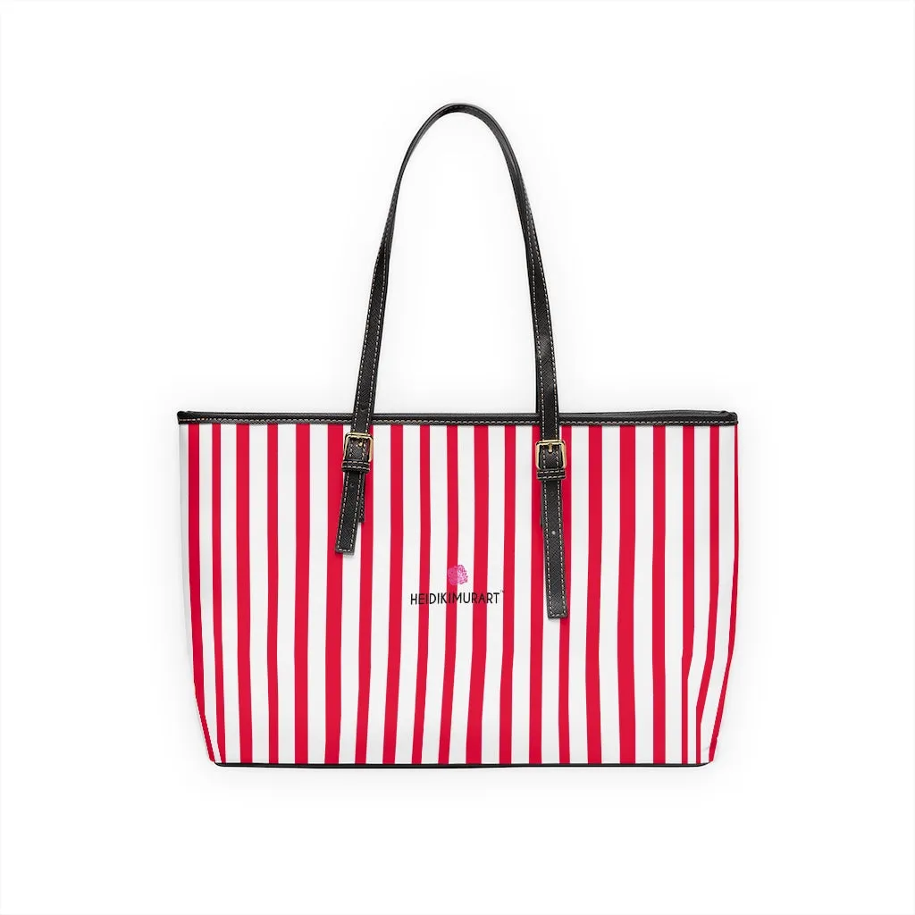 Red Stripes Best Tote Bag, Vertically Striped PU Leather Shoulder Hand Work Bag 17"x11"/ 16"x10"