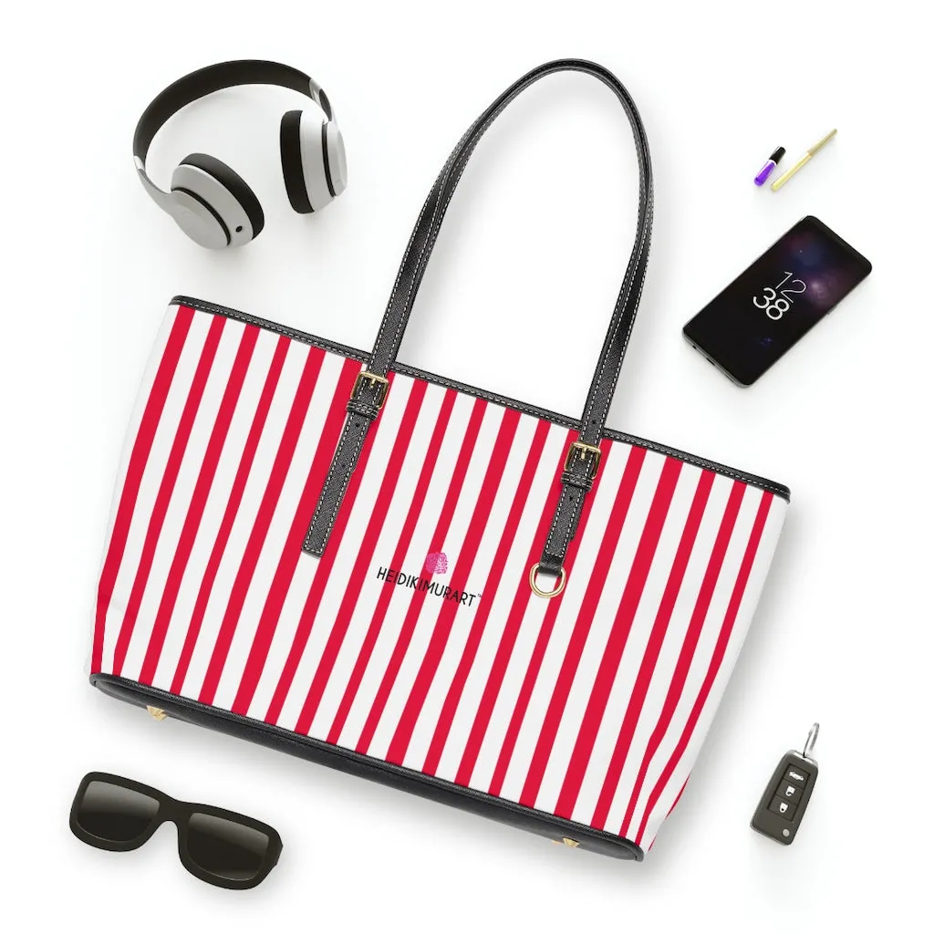 Red Stripes Best Tote Bag, Vertically Striped PU Leather Shoulder Hand Work Bag 17"x11"/ 16"x10"