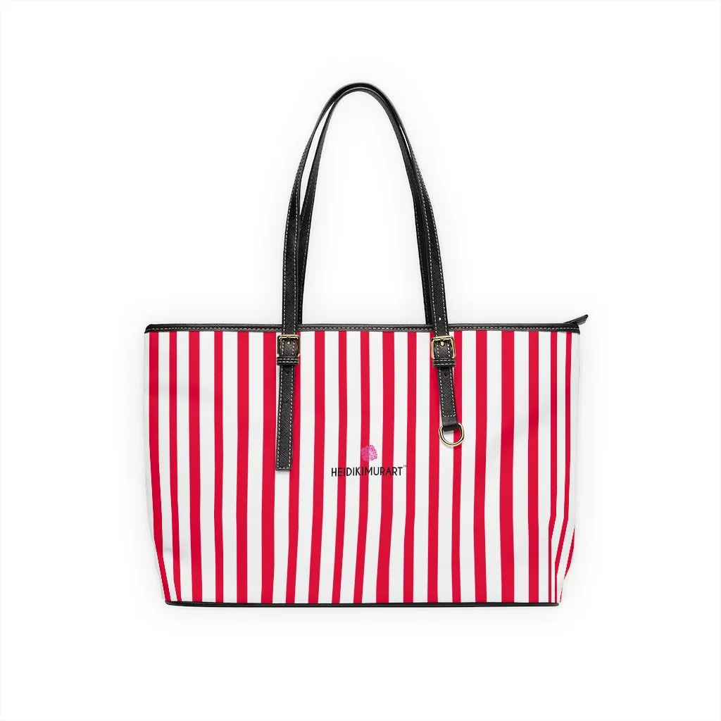 Red Stripes Best Tote Bag, Vertically Striped PU Leather Shoulder Hand Work Bag 17"x11"/ 16"x10"