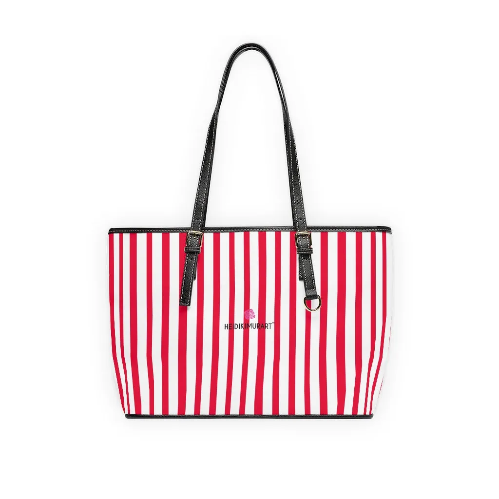 Red Stripes Best Tote Bag, Vertically Striped PU Leather Shoulder Hand Work Bag 17"x11"/ 16"x10"