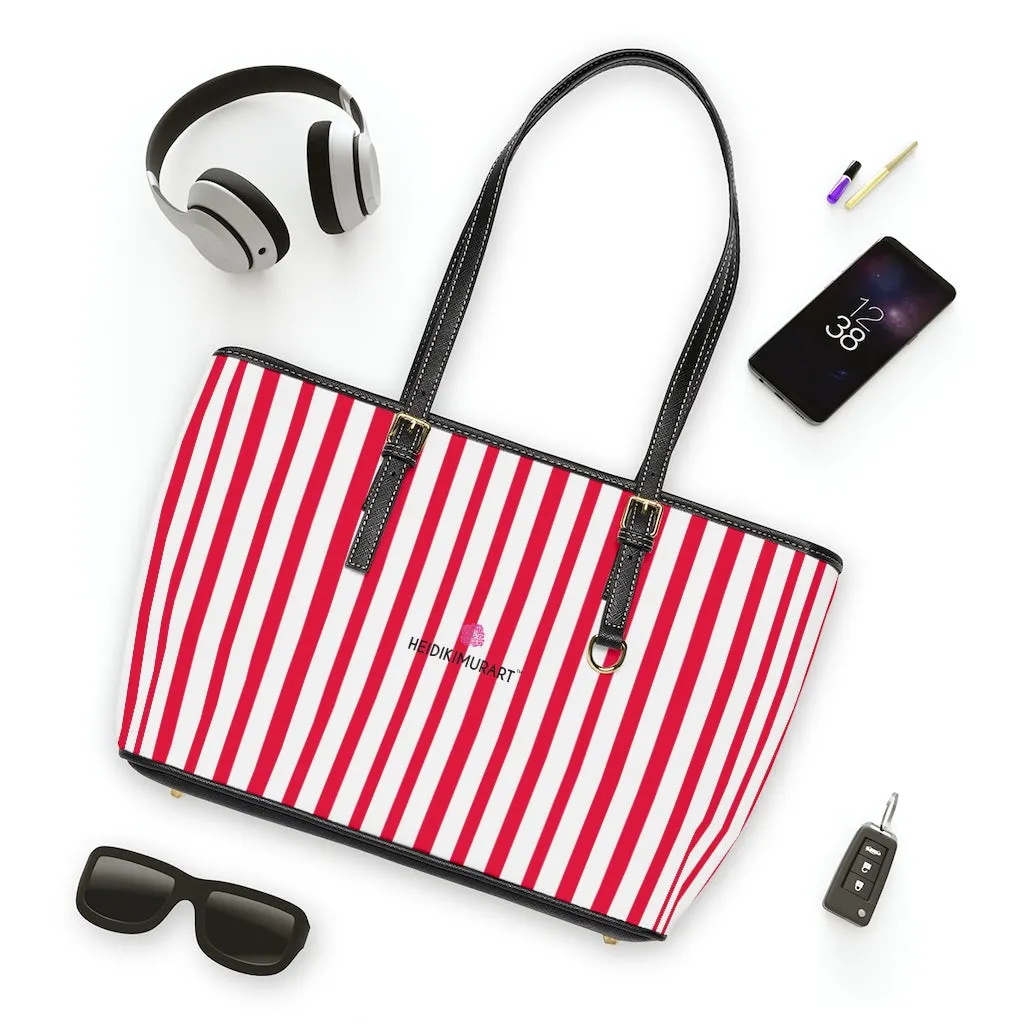 Red Stripes Best Tote Bag, Vertically Striped PU Leather Shoulder Hand Work Bag 17"x11"/ 16"x10"