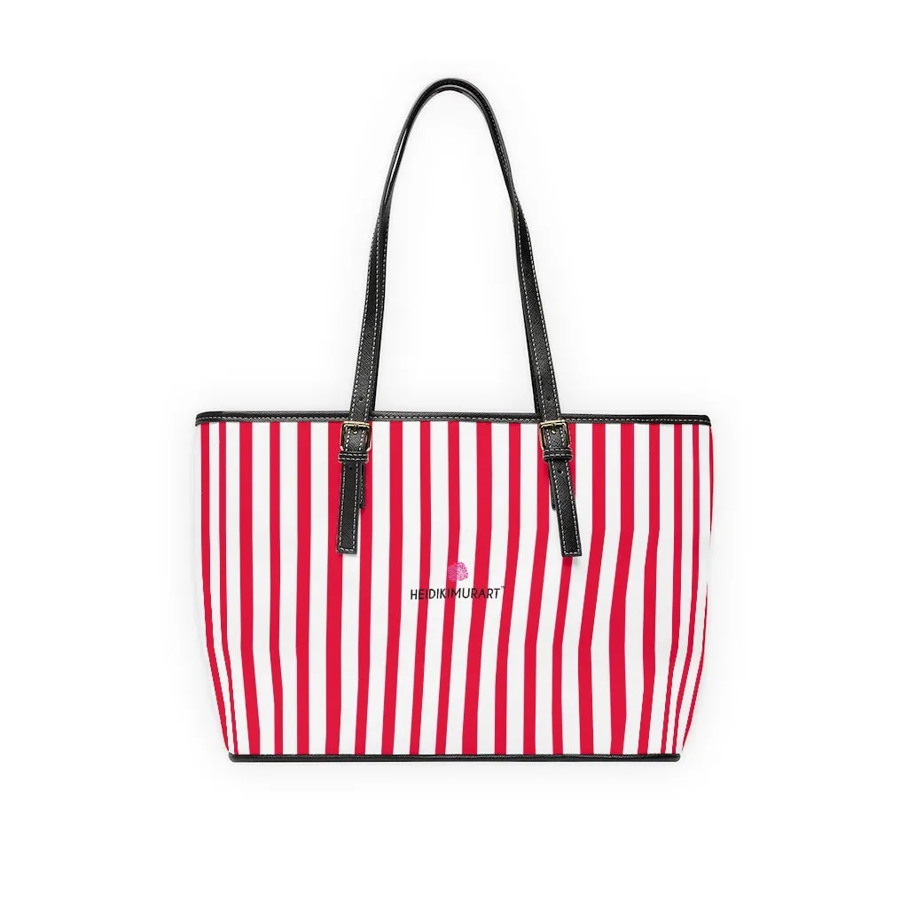 Red Stripes Best Tote Bag, Vertically Striped PU Leather Shoulder Hand Work Bag 17"x11"/ 16"x10"