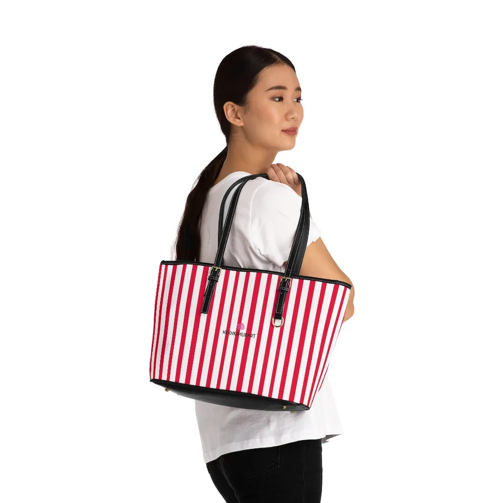 Red Stripes Best Tote Bag, Vertically Striped PU Leather Shoulder Hand Work Bag 17"x11"/ 16"x10"