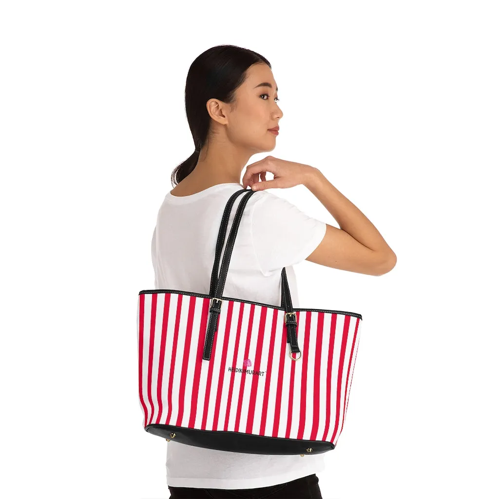 Red Stripes Best Tote Bag, Vertically Striped PU Leather Shoulder Hand Work Bag 17"x11"/ 16"x10"