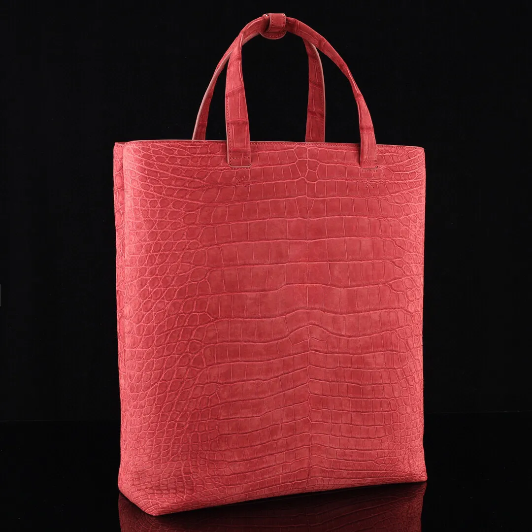 Sanded Genuine Crocodile Skin Leather Large Shopper Hobo Tote Bags Red