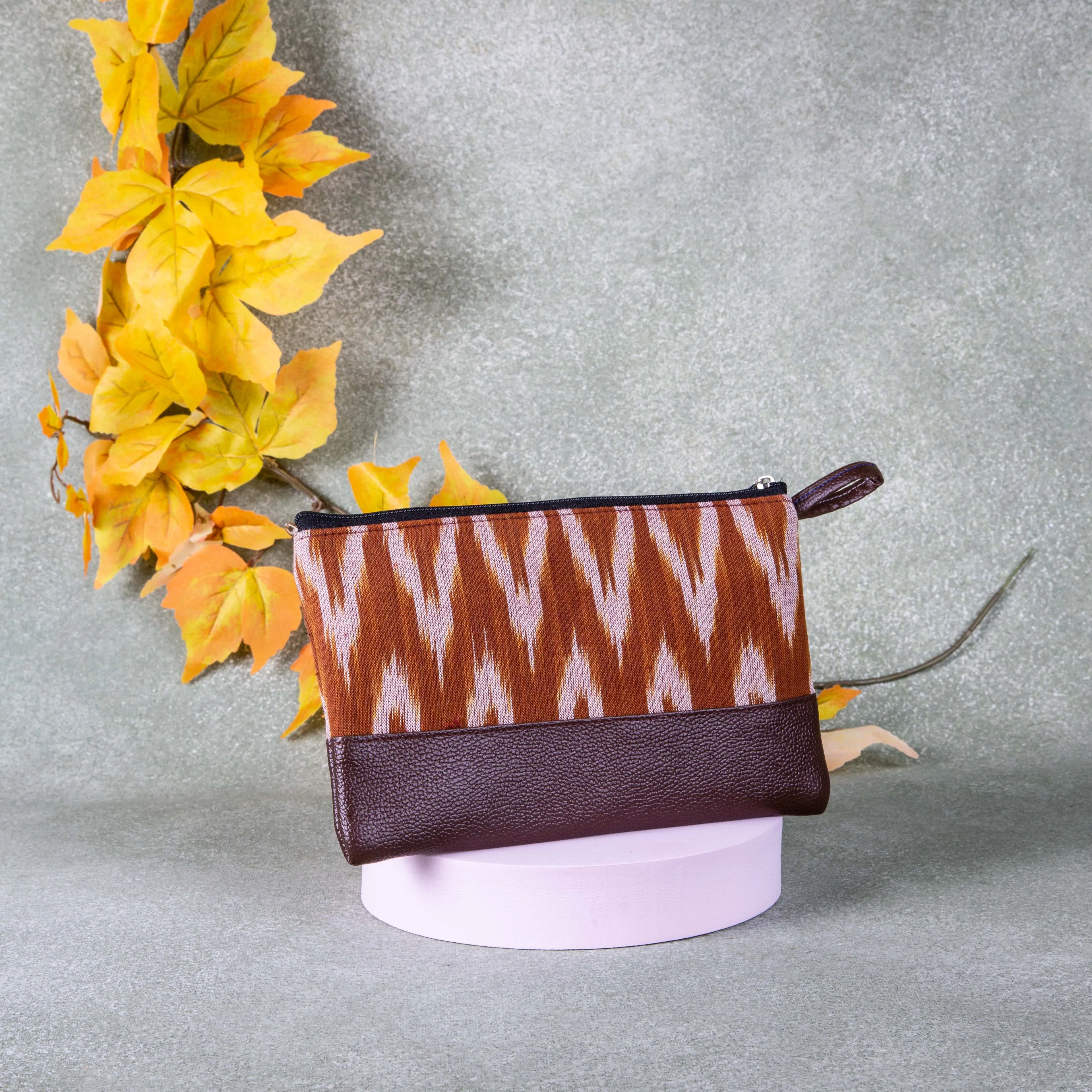 Sarus Crane Classic Purse Brown Colour with white Zig Zag Design.