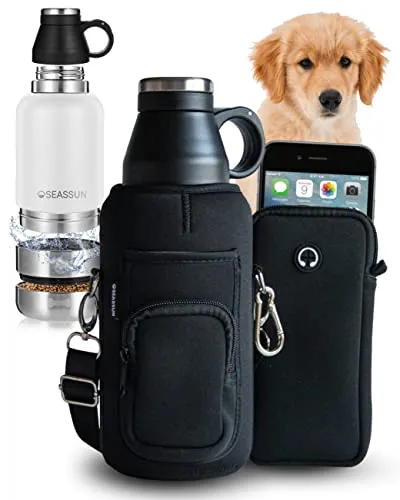 SEASSUN Dog Travel Water Bottle & Dog Walking Bag with Cell Phone Pouch