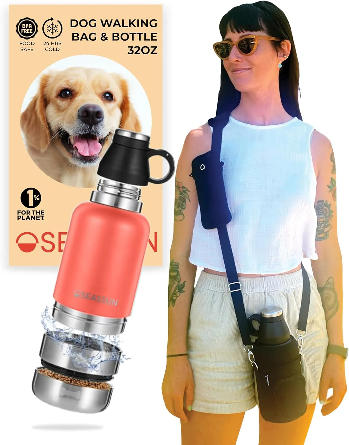 SEASSUN Dog Travel Water Bottle & Dog Walking Bag with Cell Phone Pouch