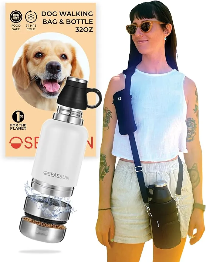 SEASSUN Dog Travel Water Bottle & Dog Walking Bag with Cell Phone Pouch