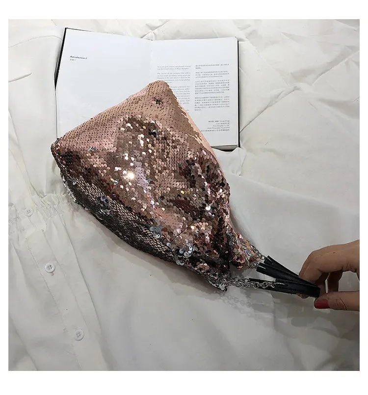 Sohiwoo Women Fashion Reversible Sequin Bucket Bag Lady Luxury Handbag Shiny Crossboy Chain Purse Evening Clutch Shoulder Bag