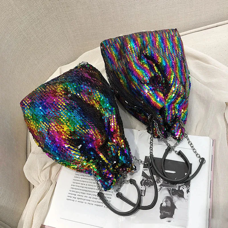 Sohiwoo Women Fashion Reversible Sequin Bucket Bag Lady Luxury Handbag Shiny Crossboy Chain Purse Evening Clutch Shoulder Bag