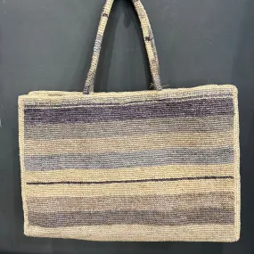 Stripey large raffia tote with medium handles