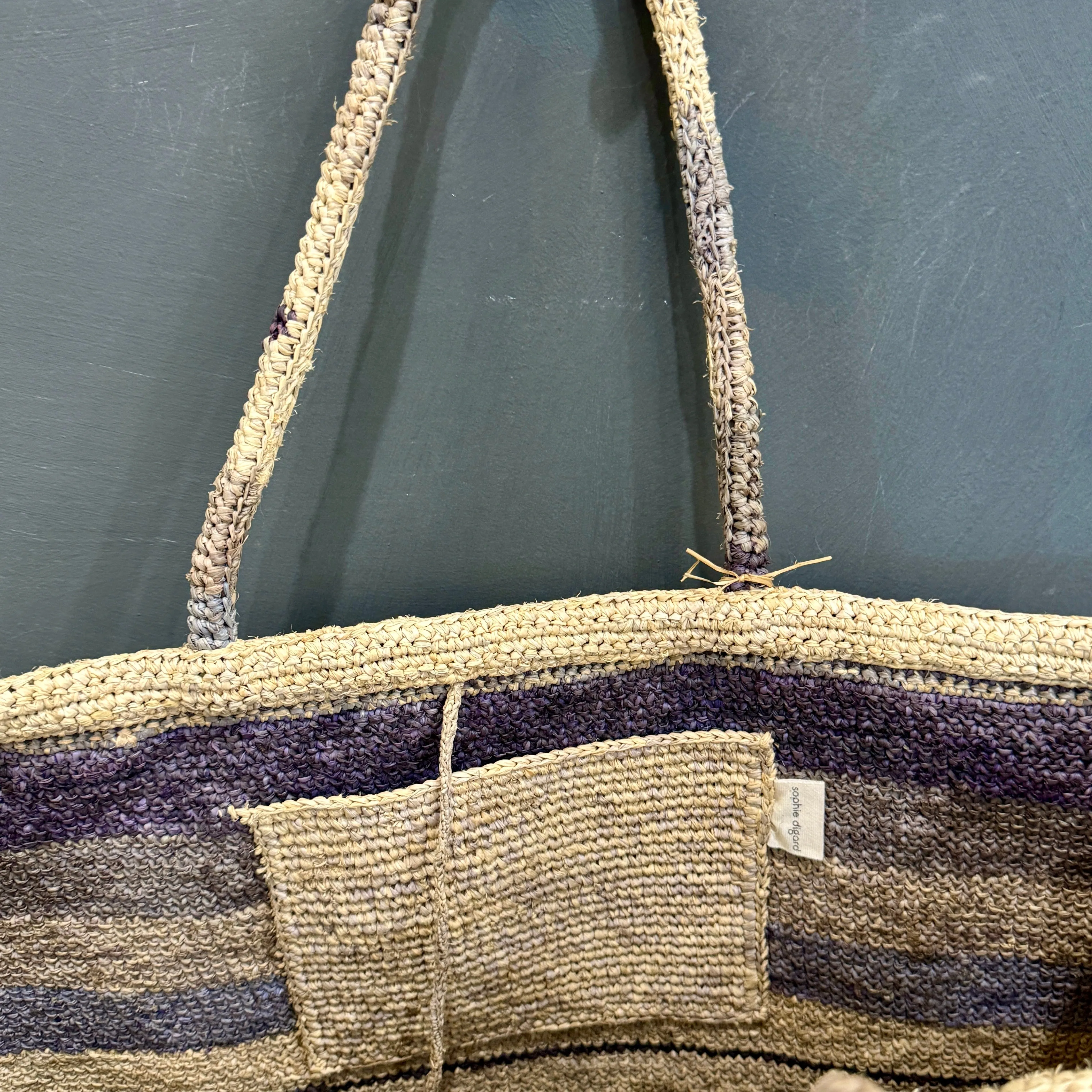 Stripey large raffia tote with medium handles