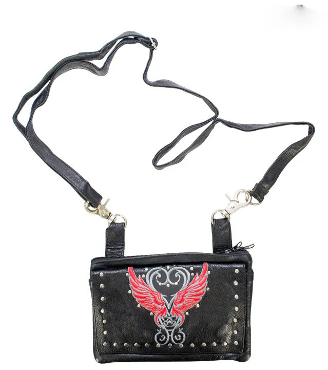 Studded Naked Cowhide Leather Belt Bag with Red Wings