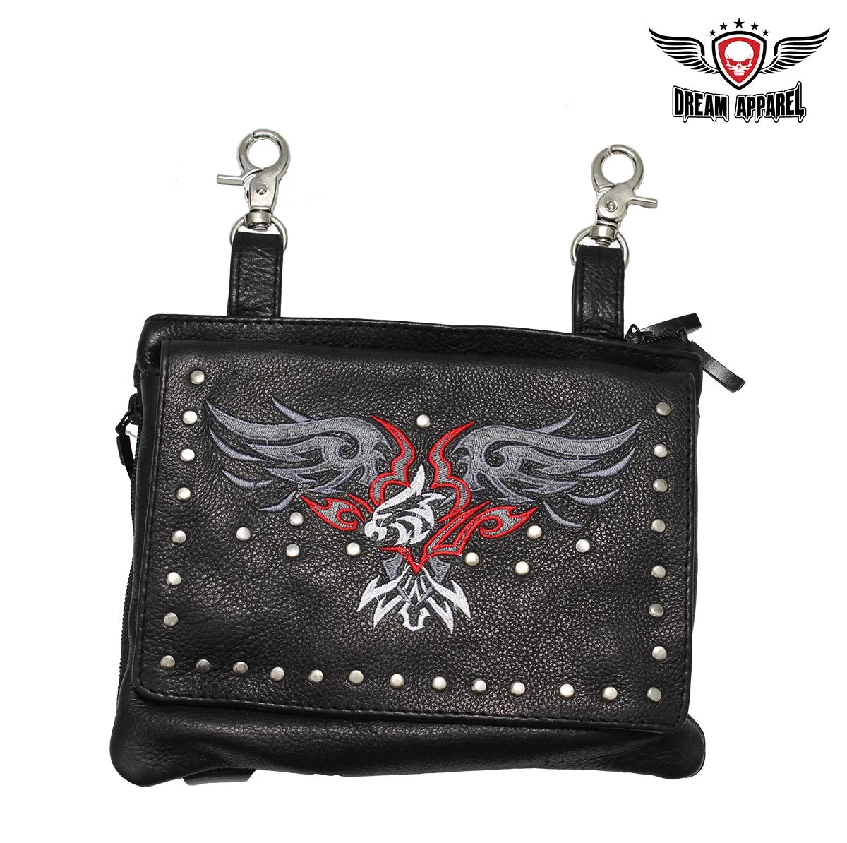 Studded Naked Cowhide Leather Gun Holster Belt Bag with Red & Silver Eagle