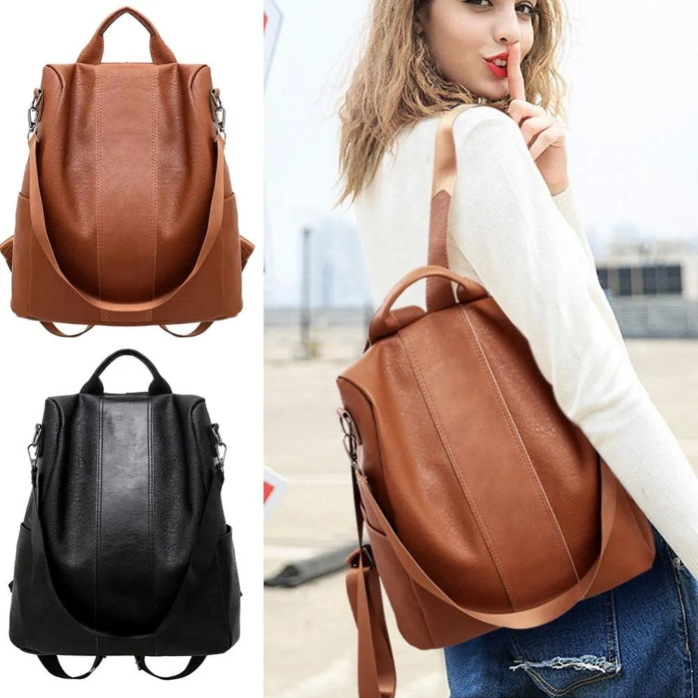 Stylish Leather Zipper Schoolbag Anti Theft Backpack